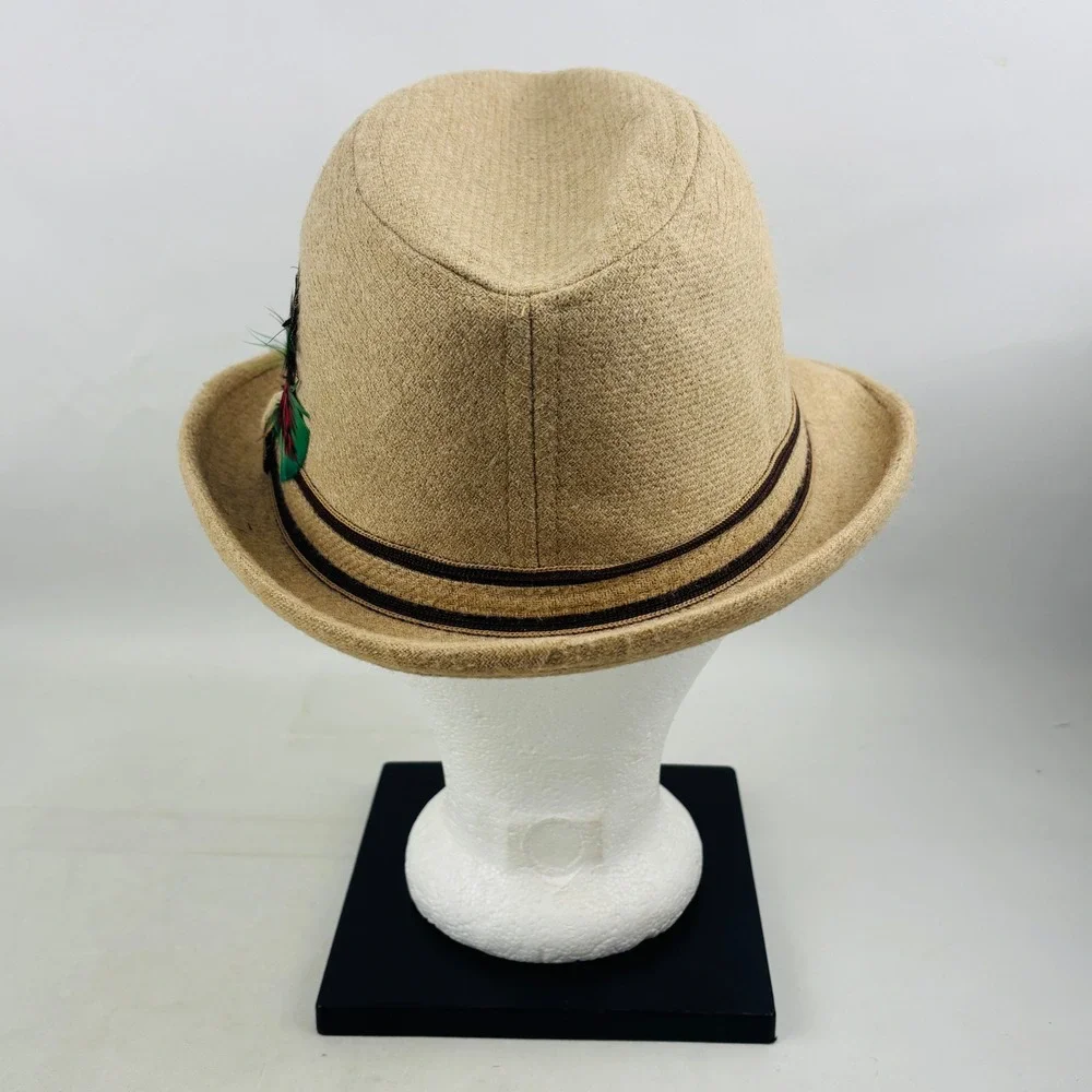 Vintage Stevens Tweed Feather Fedora Mens 7 3/8 Tan Wool USA Made